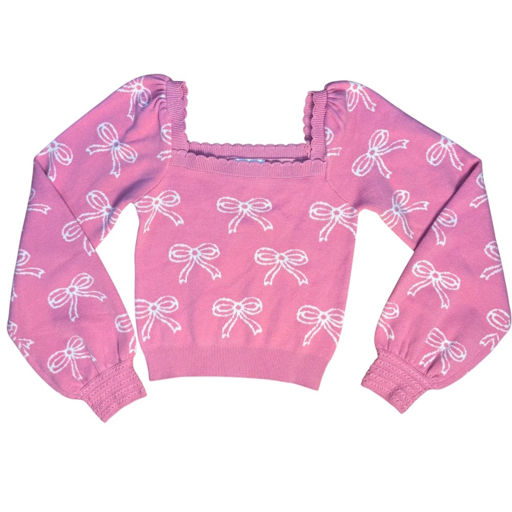 Pink Bow Print Puff Sleeve Square Neck Knit Cropped Sweater NWT Coquette Girly